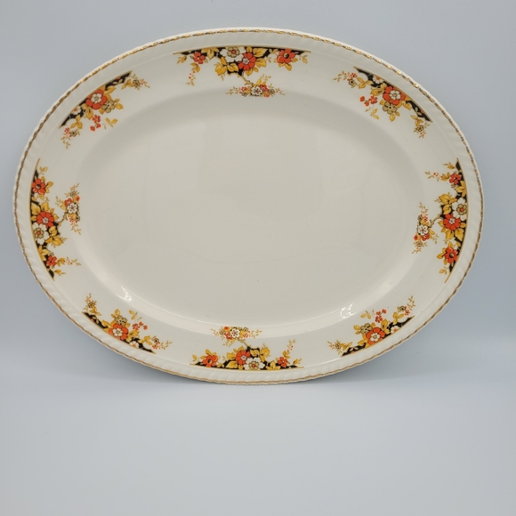 Vintage Johnson Bros. Old English Oval Serving Platter Navy Gold Orange Floral - Picture 11 of 12